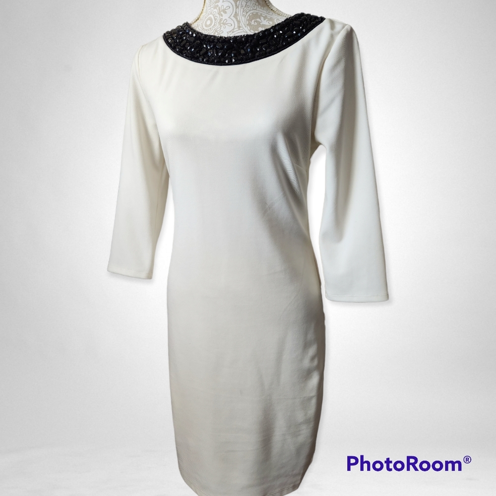 Bisou Bisou Ivory Old Money Cocktail Dress with Black Beaded collar size 8